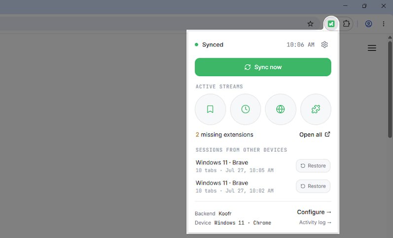 #浏览器 #同步 #插件 #开源 Konode 浏览器数据同步插件，可在 Chrome、Brave、Helium、Firefox 等浏览器间同步书签、打开的标签页、历史记录和扩展列表等数据，并支持存储在 Google Drive、GitHub 或 WebDAV 上，不经过 Konode 服务器，支持可选端到端加密，使用 AES-256-GCM，本地加密后再上传，无需注册，免费开源