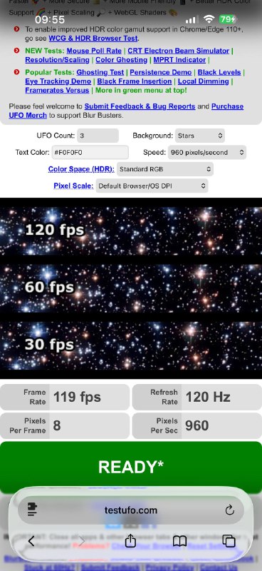 💠 Safari 网页浏览解锁 120hz 帧率系统设置- Safari - 高级（最底部） - 功能开关 - 关闭选项 Prefer Page Rendering Updates near 60fps（默认开启，把它关掉）🍎 26.1 测试有效 🍎 17.0 测试无效似乎是iOS 18.0 引入的功能，以下版本不生效120hz 测试网页来源
