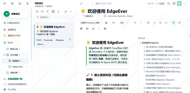 #开源 #笔记🗒 EdgeEver - 一个零服务器部署的开源印象笔记替代品🌐 在线演示EdgeEver 是一个开源的印象笔记替代方案，可免费托管在 Cloudflare 