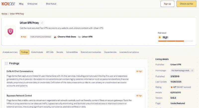 #互联网观察 #网络安全▎Urban VPN 监控并上传用户AI对话资料，软件高达800万用户使用Urban VPN是以“隐私”“安全”为卖点的浏览器扩展，并获得 Google 官方“精选”标识，目前有800万用户使用