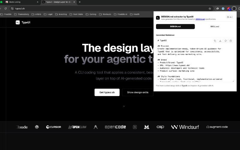 #AI #UI🖌 一键复刻？：一个开源的 DESIGN.md 样式提取插件📱 Chrome 商店插件名为 TypeUI DESIGN.md Extractor ，可以从任何网页中提取设计风格（如字体、颜色、间距、圆角、阴影、动效等信息），并生成适用于 AI 编码的设计文档支持生成 DESIGN.md 和 SKILL.md 两种文档，后者可直接用于 Claude Code、Codex、Cursor 和 Google Stitch 等 AI 编程工具📮投稿    📢频道    💬吹水    🌐网站