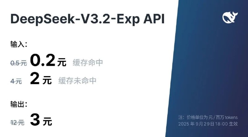DeepSeek-V3.2-Exp 模型正式发布并开源，API 大幅降价DeepSeek 今日正式发布 DeepSeek-V3.2-Exp 模型，这是一个实验性（Experimental）的版本