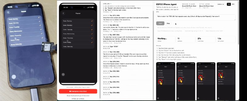 #硬件 #自动化⚙️ ESP32 iPhone Agent：只需 40 多元的开发板，就能让 AI 接管 iPhone一块约 40-50 元的 ESP32-S3 开发板，就可以实现让 AI 操作真实 iPhone，包括打开 App、设置闹钟、点击屏幕和滑动等