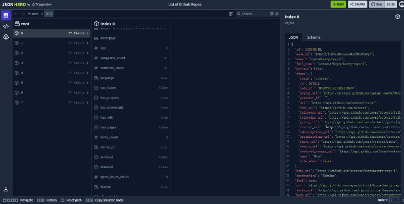 #JSON #开源 JSON Hero JSON 可视化工具，可自动解析字符串内容，并在树状视图、列视图、编辑视图间切换浏览，支持全文搜索与模糊匹配功能，可快速在键／值中定位信息，支持自动推断 JSON Schema（Draft 2020-12）并展示字段可能值分布，并为每个属性提供相关值视图，可识别 null 或缺失字段的边缘情况，还支持与 VS Code 集成，免费开源