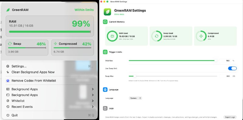 #macOS #清理 #开源 GreenRam macOS 自动内存清理工具，可监测并释放异常占用的内存资源，主要用于缓解内存泄漏导致的系统卡顿问题，支持应用白名单设置，避免误清理重要进程，还支持限制 Swap 文件占用空间，帮助控制磁盘资源消耗，采用自动化运行方式，无需复杂配置，免费开源