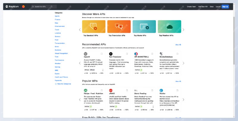#API #合集RapidAPI - 全球最大的 API 中心📄与传统 API 不同，RapidAPI 有一个提供标准化访问并允许开发者用极少甚至不需要额外代码就能集成 API 的在线API集中存储库说直白点就是你的业务需要使用多个 API ，而这些 API 又分别在不同的平台，统一管理困难，而 RapidAPI 可以实现一个平台管理所有 API 包括付费也可以直接在此平台中进行，比如 OpenAI/DeepL 这些国内付费困难的平台都可以直接付费使用 API📮投稿    📢频道    💬群聊