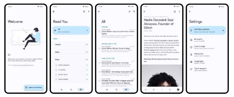 #RSS #Android #开源 Read You 基于 Material You 设计风格的 RSS 阅读器，支持订阅链接、新文章通知、全文解析、多账户管理及 OPML 文件导入导出，兼容 Fever、Google Reader、FreshRSS 等第三方服务 API，免费开源