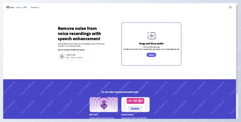#AI #工具增强语音 - Adobe 出品的在线 AI 语音降噪工具📄其宣传语称，使用该工具降噪之后的声音就像专业录音棚中录制的一样仅限 MP3 和 WAV 文件，限制 500 MB、1 小时时长，每天最多能使用 3 小时📮投稿    📢频道    💬群聊
