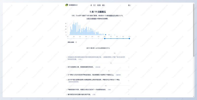 #AI #阅读 #网站 🆕极简主义新闻 - 一个由 ChatGPT 4 筛选的极简新闻网站📄网站使用 ChatGPT-4 每天阅读 1000 条新闻，并根据事件的重要性、规模、潜力和信息来源的可信度，对其进行在0到10的排名付费用户可以看到新闻标题并可以点击跳转到源，而付费用户则支持直接显示 AI 生成的摘要📑相关阅读🆕all AI news - 一个 AI 聚合新闻网站📮投稿    📢频道    💬群聊