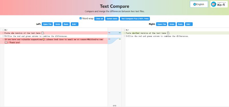 #文本 #比对 Text Compare 文本在线比对工具，可高亮显示文档差异并一键合并，提供排序行、反转行顺序、去除空行、删除重复行、去除行首尾空白等功能，支持手动输入或上传文档，免费使用，无需注册