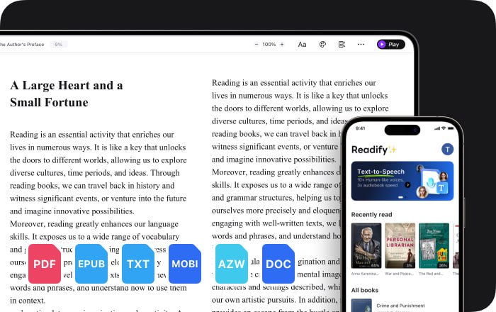 #听书 #AI #电子书 Readify 基于 AI 实现的电子书转有声书工具，兼容 TXT、PDF、EPUB、MOBI、AZW3、DOCX 等主流电子书格式，内置 100+ 种高保真 AI 音色，支持 40+ 种语言，支持站内智能搜书、多设备同步、定时关闭、自定义书库布局等，且针对无障碍用户进行了优化，目前免费无广告，适用于 iOS 和 Android 系统