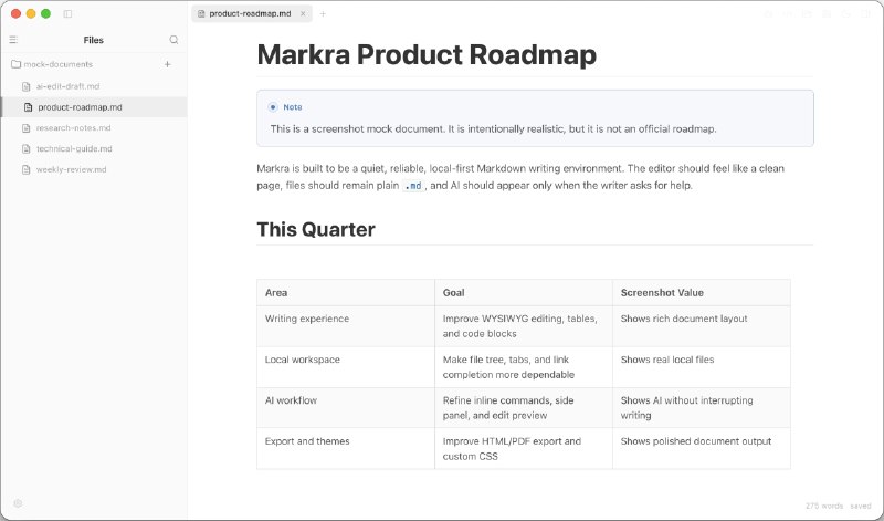 #markdown📃 Markra - 一个原生集成 AI 的所见即所得 Markdown 编辑器⬇️ 下载页面 | 🌐 在线使用Markra 支持所见即所得和源码两种模式，AI 可无缝辅助润色、改写、续写、总结、翻译等操作