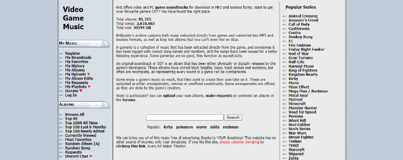 #游戏 #原声 #音乐 KHInsider 游戏原声下载站，收录超过 91,000 张专辑和 260 万首曲目，总容量约 30TB，涵盖从 NES、SNES、Switch 到 PS5、PC 等多种平台，支持原声、游戏提取曲、编曲与混音等类型，提供字母索引、平台分类、类型筛选和年份浏览功能，并设有热门排行、随机推荐及搜索入口，单个内容免费下载，但打包下载需要付费